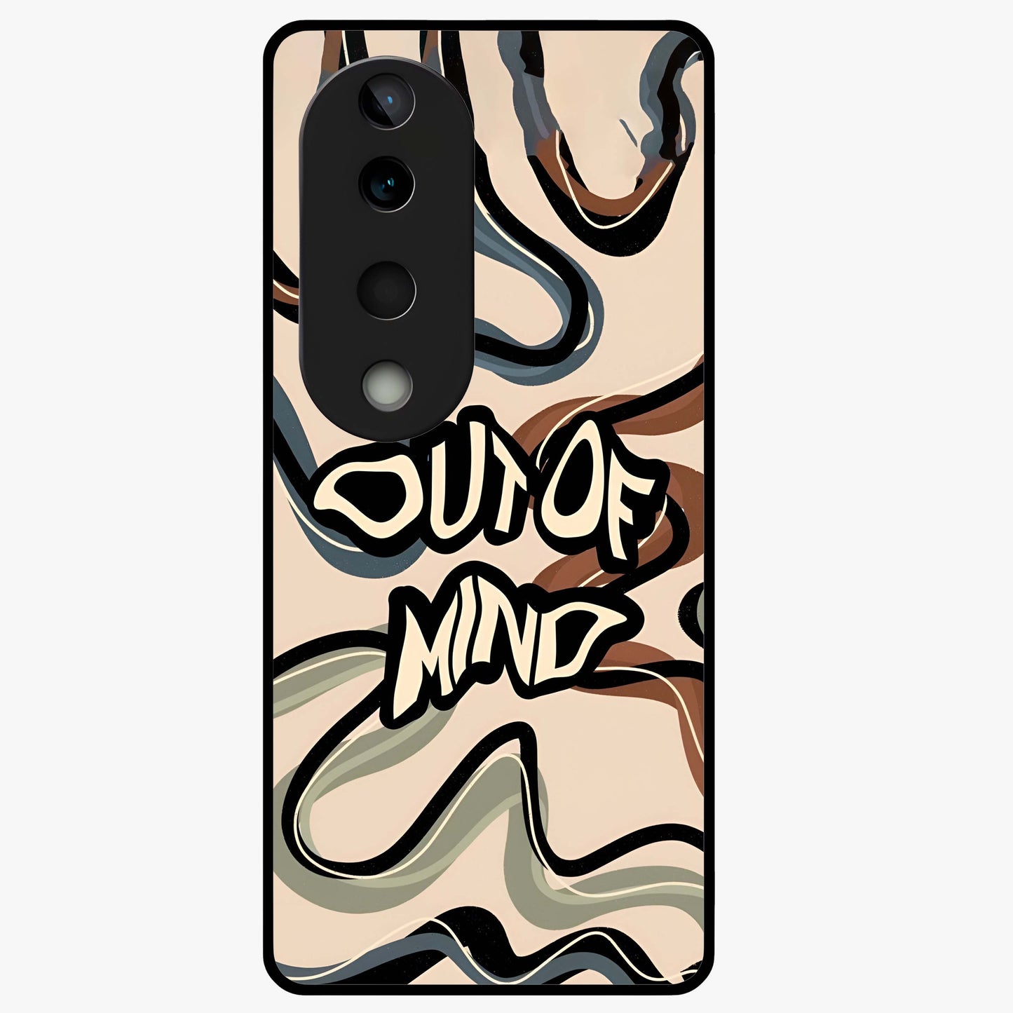 Out Of Mind Glass Case showing flat back view with expressive typography artwork and glossy glass finish.