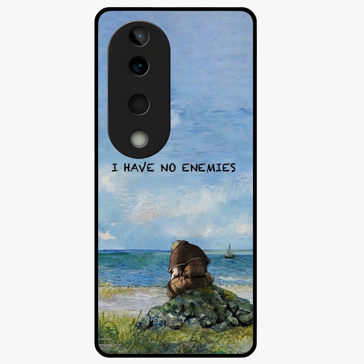 Peace Beyond War Glass Case showing flat back view with symbolic peace themed artwork and glossy glass finish.