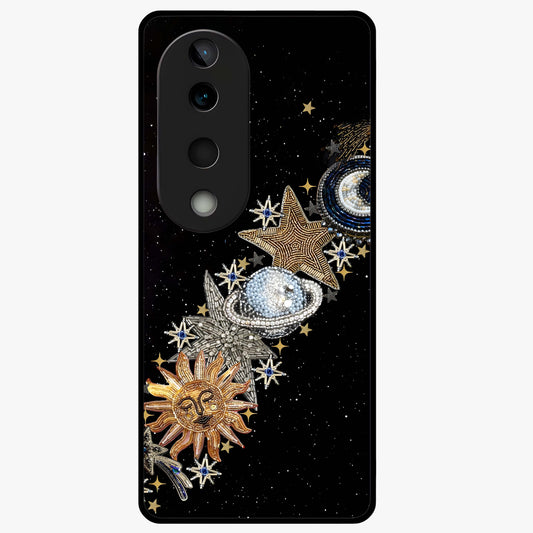 Pearls Universe Object Glass Case showing flat back view with pearl inspired cosmic artwork and glossy glass finish.