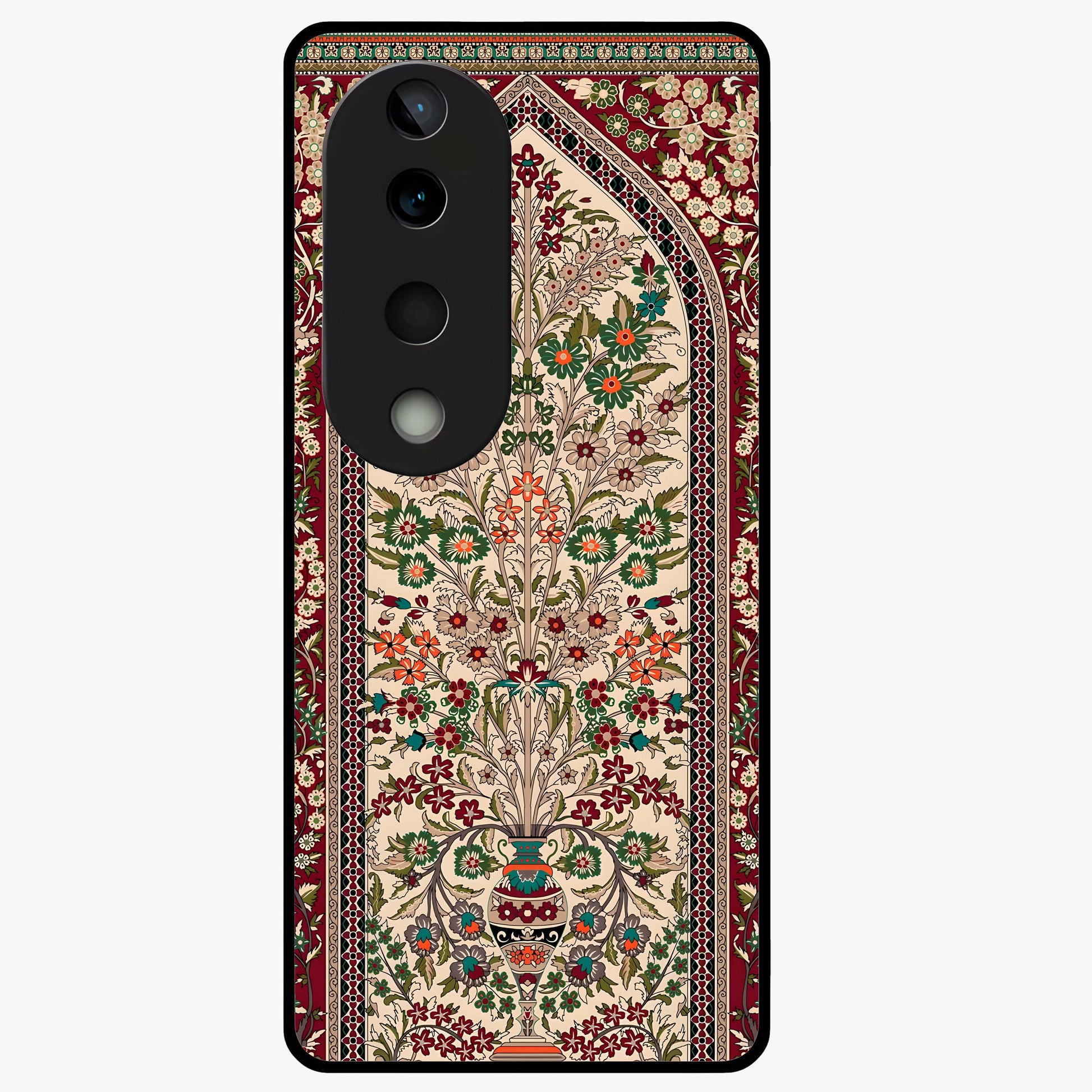 Persian Inspired Glass Case showing flat back view with ornate Persian style pattern artwork and glossy glass finish.