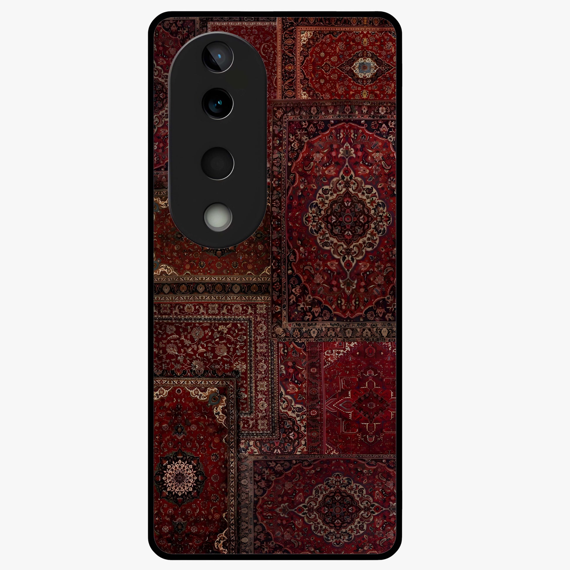 Persian Velvet Tale Glass Case showing flat back view with luxurious Persian velvet pattern artwork and glossy glass finish.