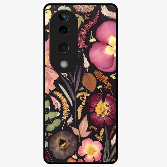 Petal Dream Tapestry Glass Case showing flat back view with intricate floral tapestry artwork and glossy glass finish.
