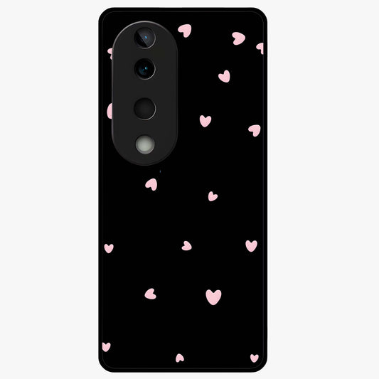 Pink Love Drops Glass Case showing flat back view with playful pink heart drops artwork and glossy glass finish.