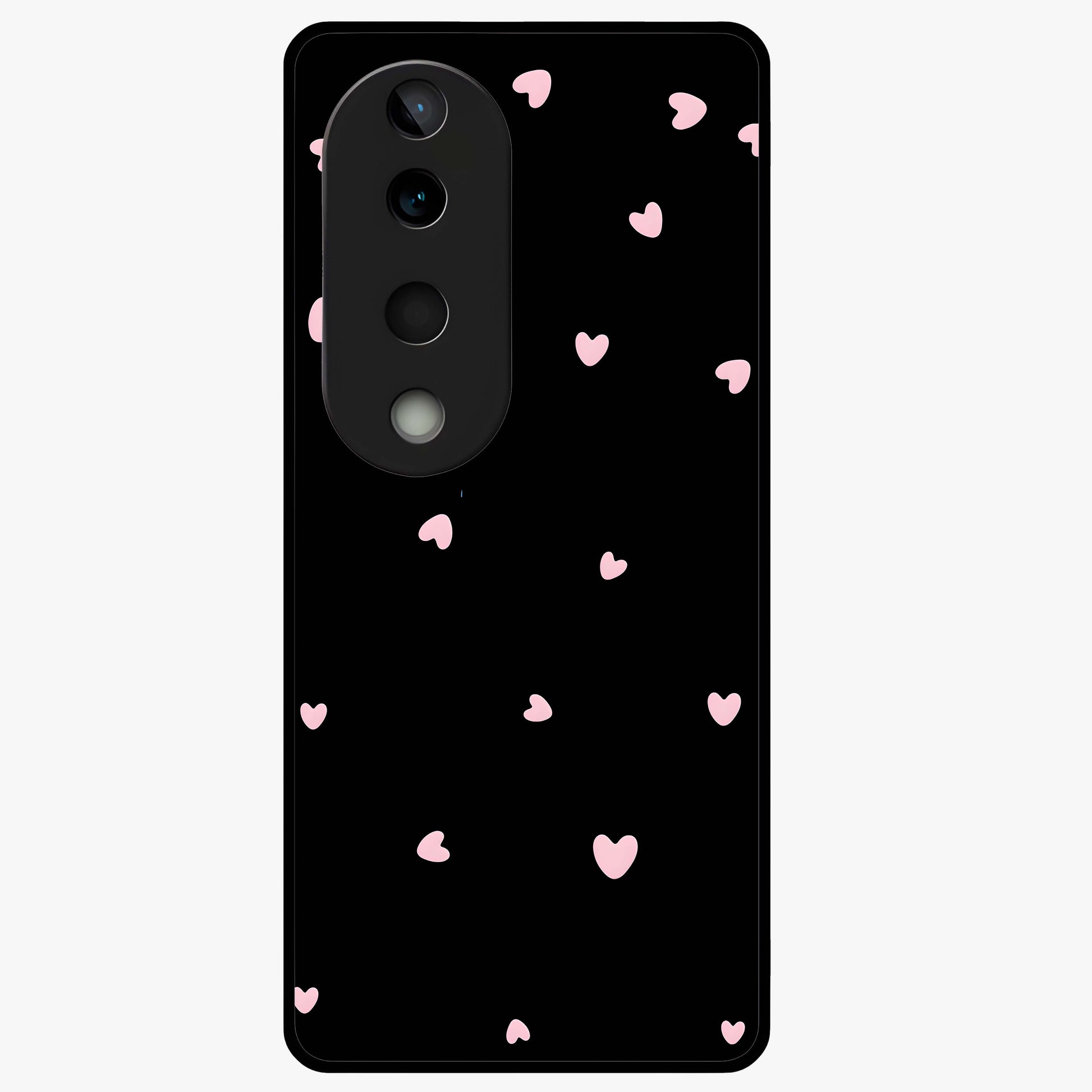 Pink Love Drops Glass Case showing flat back view with playful pink heart drops artwork and glossy glass finish.