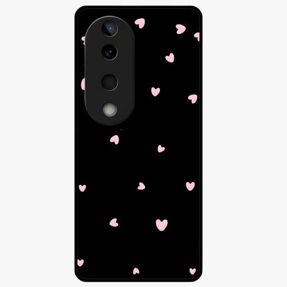 Pink Love Drops Glass Case showing flat back view with playful pink heart drops artwork and glossy glass finish.