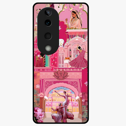 Pink Palace Muse Glass Case showing flat back view with elegant palace inspired artwork and glossy glass finish.