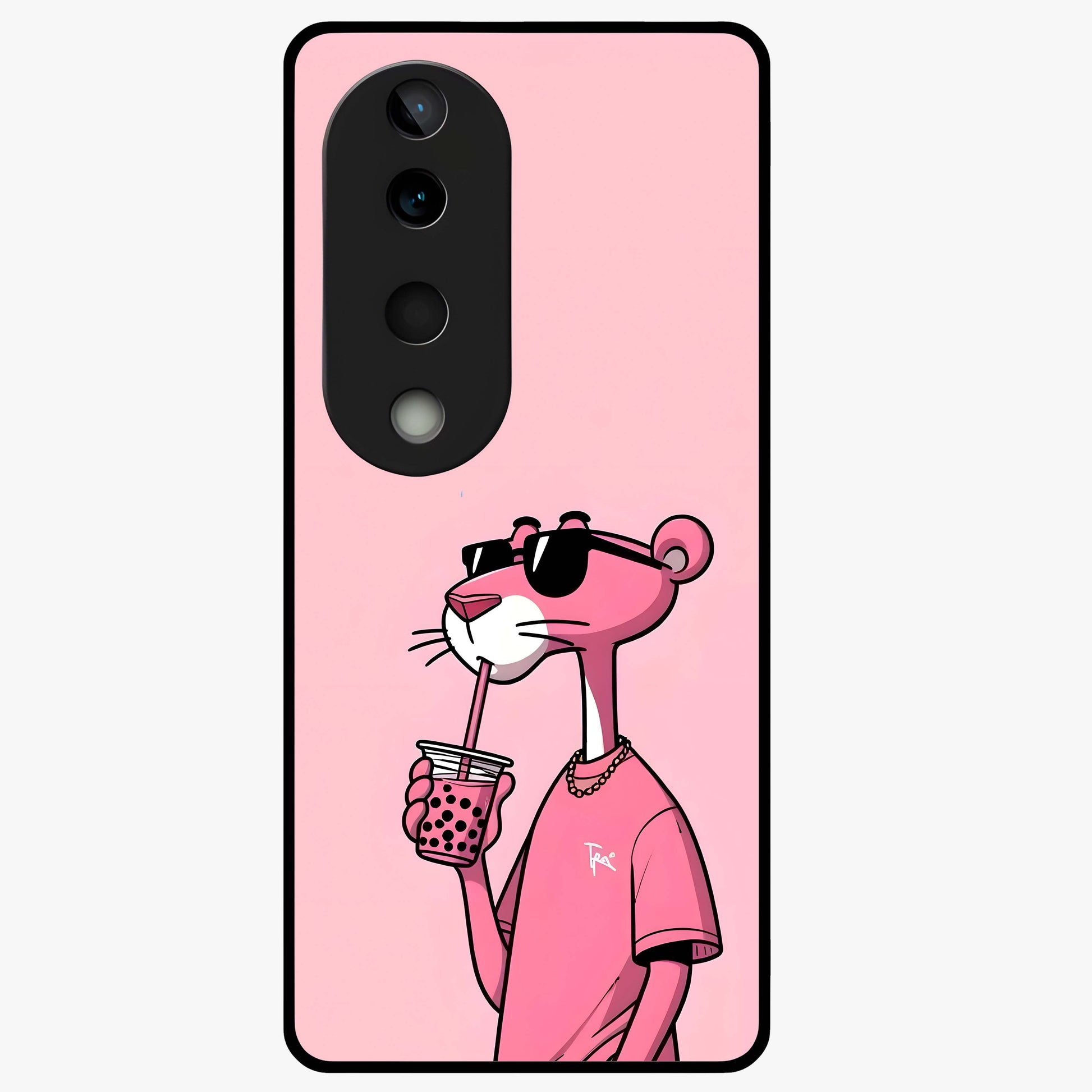 Pink Panther Glass Case showing flat back view with iconic pink panther artwork and glossy glass finish.