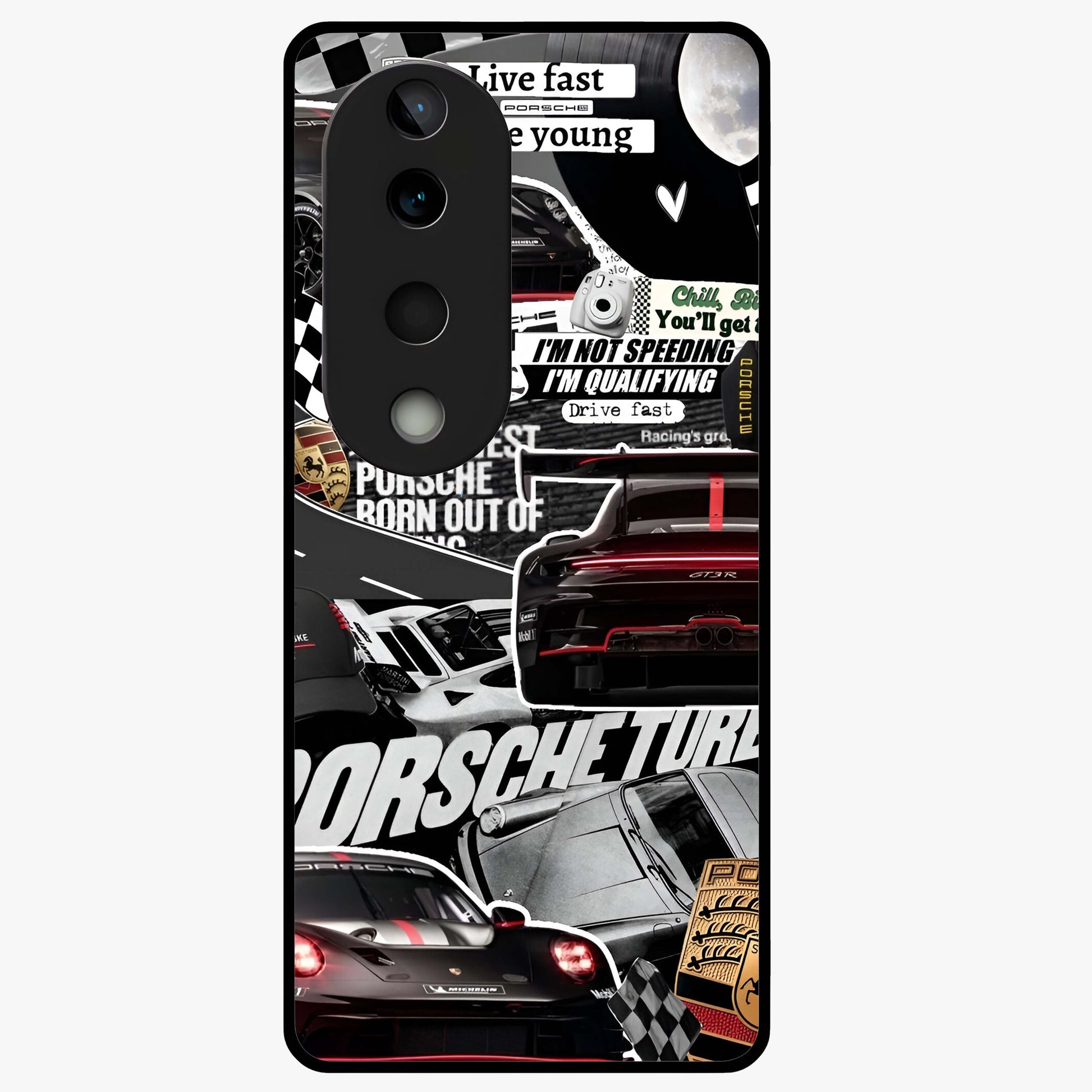 Porsche Racing Collage Glass Case showing flat back view with sports car racing collage artwork and glossy glass finish.