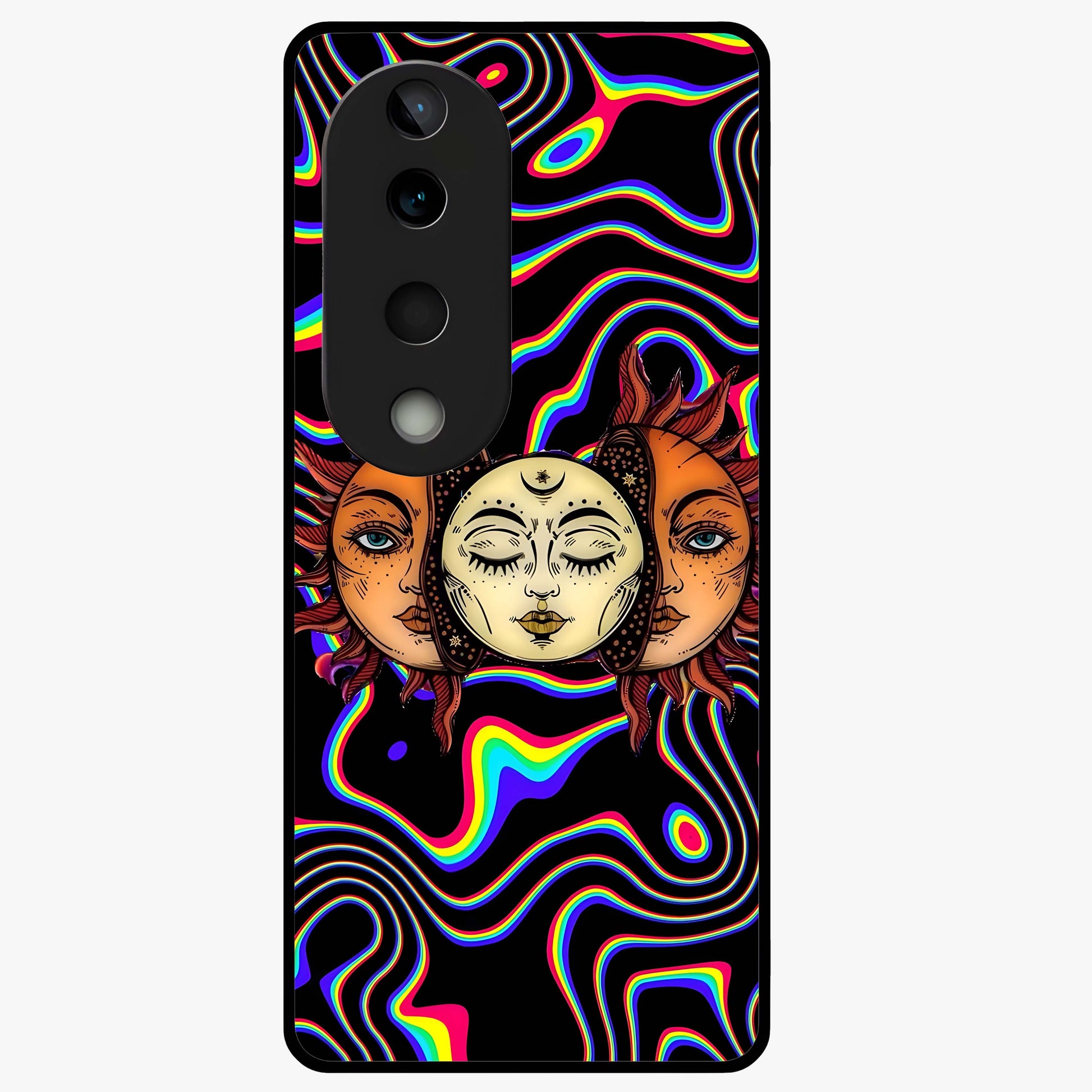 Psychedelic Sun Glass Case showing flat back view with colorful psychedelic sun artwork and glossy glass finish.