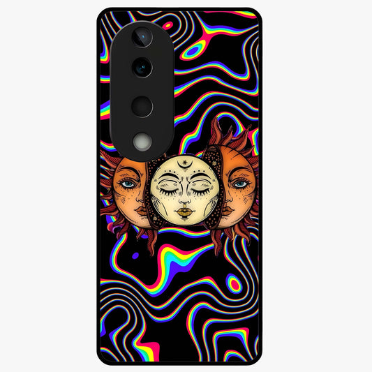 Psychedelic Sun Glass Case showing flat back view with colorful psychedelic sun artwork and glossy glass finish.