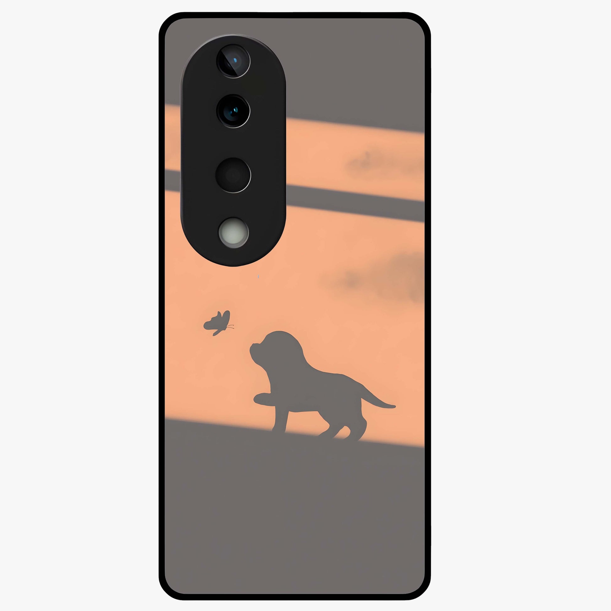 Puppy Shadow Art Glass Case showing flat back view with cute puppy shadow style artwork and glossy glass finish.