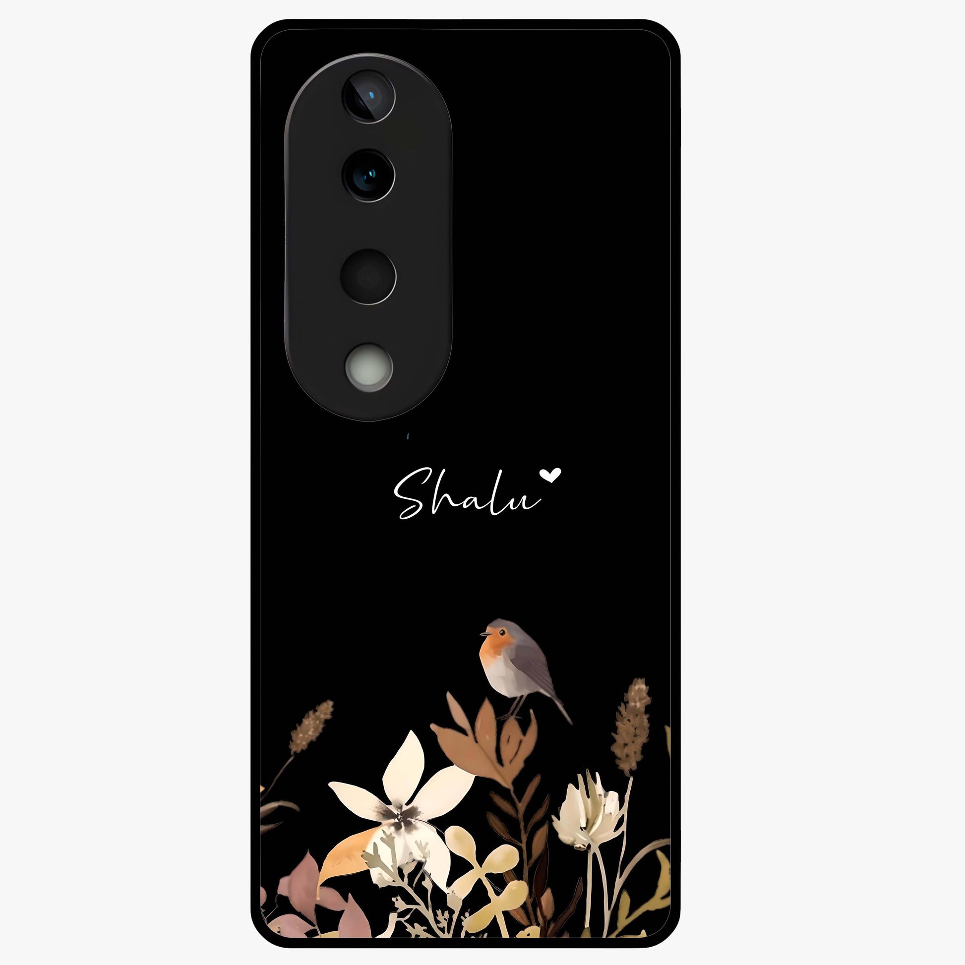 Quiet Garden Tune Custom Name Glass Case showing flat back view with peaceful garden artwork and personalized name design.