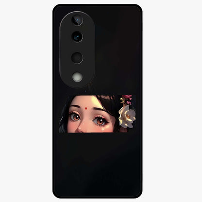 Radha Divine Embrace Glass Case showing flat back view with devotional Radha artwork and glossy glass finish.