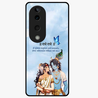 Radha Krishna Eternal Glass Case showing flat back view with Radha Krishna devotional artwork and glossy glass finish.