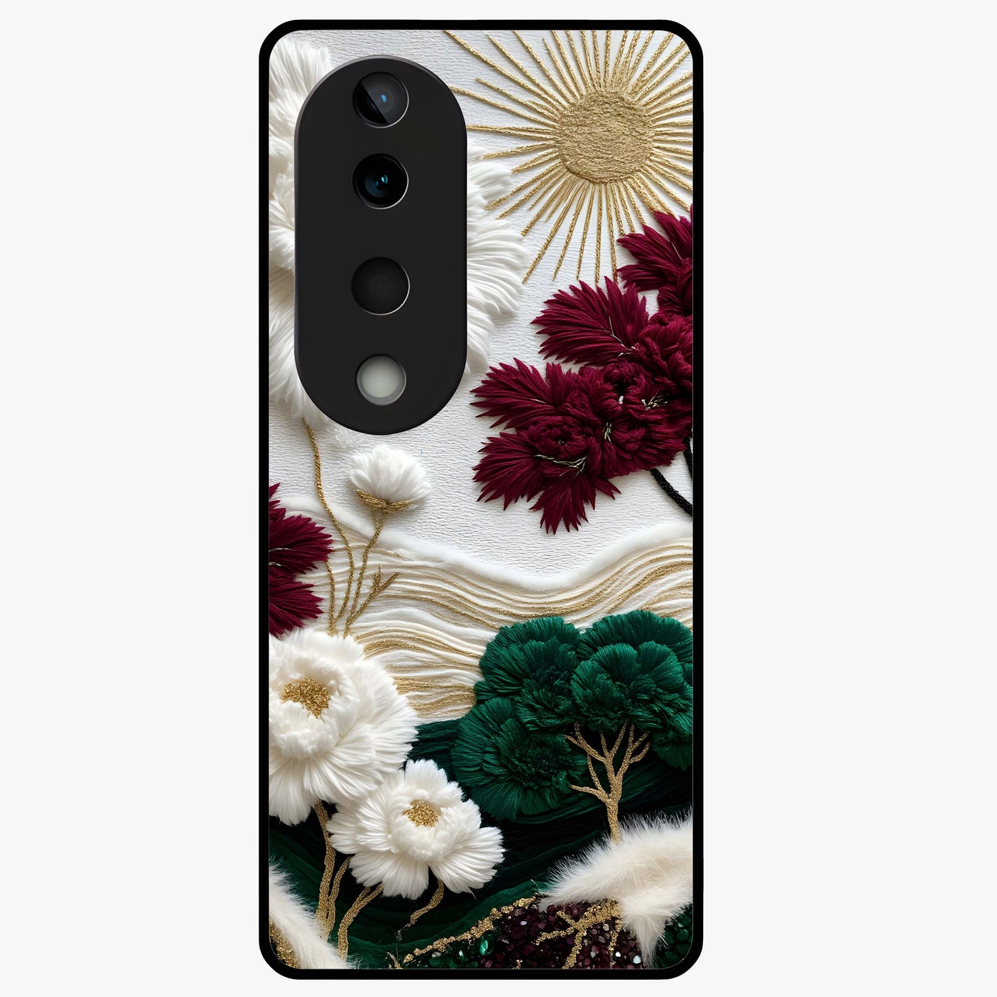 Radiant Bloom Elegance Glass Case showing flat back view with elegant blooming flower artwork and glossy glass finish.