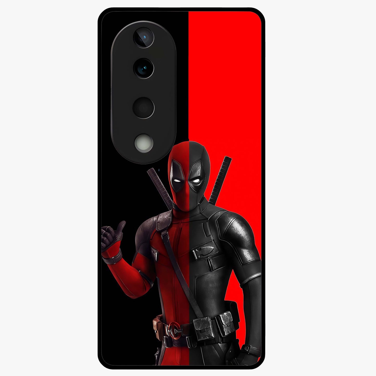 Red & Black Deadpool Theme Glass Case showing flat back view with bold comic inspired artwork and glossy glass finish.