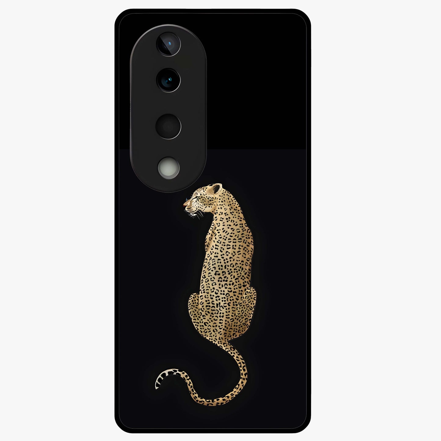 Regal Leopard Glass Case showing flat back view with bold leopard artwork and glossy glass finish.