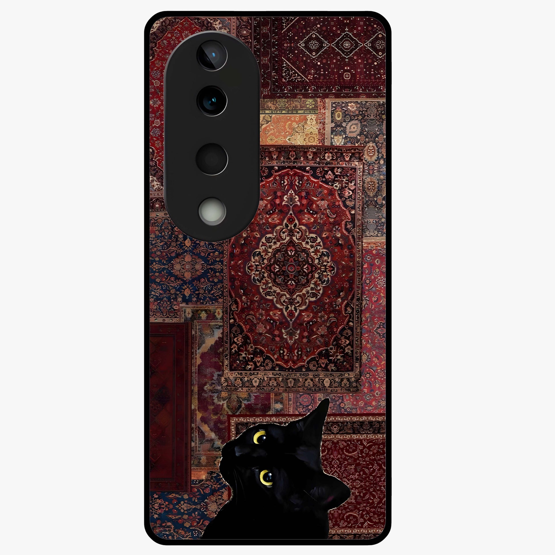 Regal Magic Cat Apple Glass Case showing flat back view with magical cat artwork holding apple and glossy glass finish.
