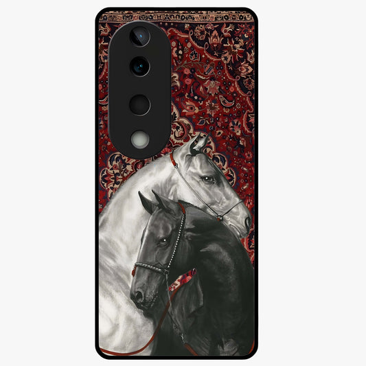 Regal Stallion Tapestry Glass Case showing flat back view with majestic horse tapestry artwork and glossy glass finish.