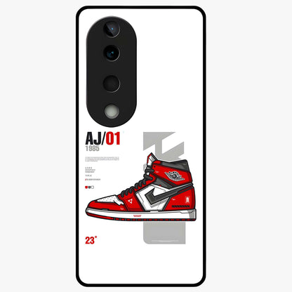 Retro Sneaker Blueprint Glass Case showing flat back view with sneaker blueprint style artwork and glossy glass finish.