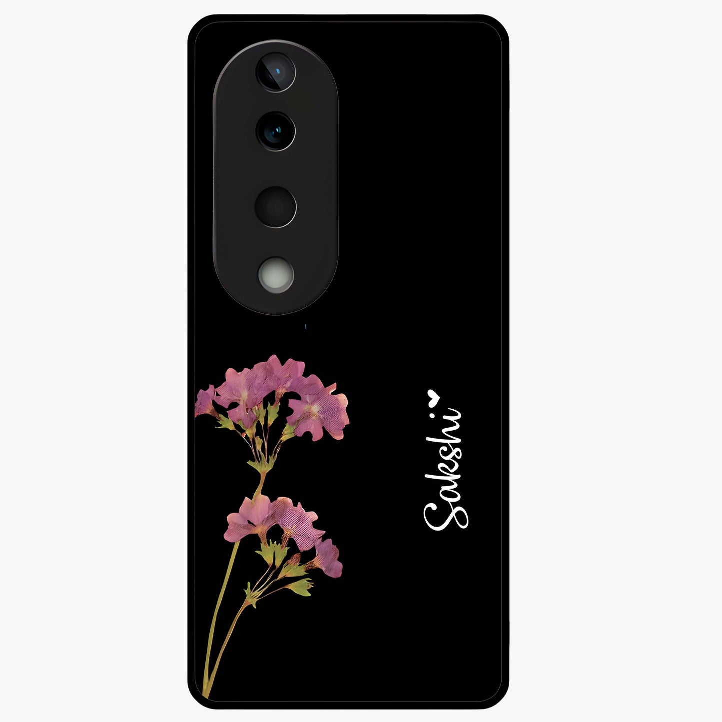 Riching Lavender Flower Custom Name Glass Case showing flat back view with lavender floral artwork and personalized name design.