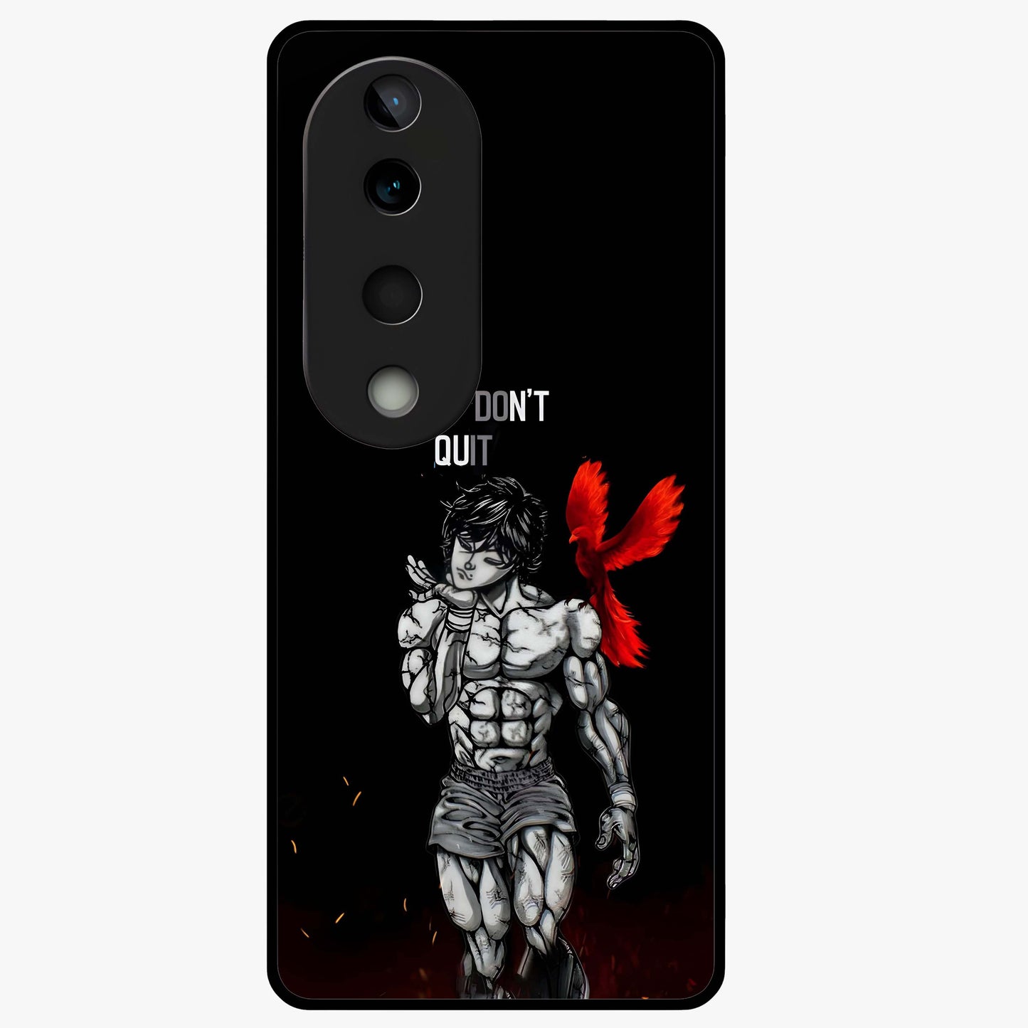 Rise Beyond Limits Glass Case showing flat back view with motivational typography artwork and glossy glass finish.