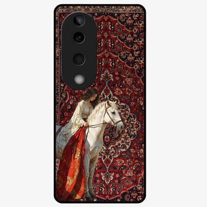 Royal Rider Tapestry Glass Case showing flat back view with majestic horse rider tapestry artwork and glossy glass finish.