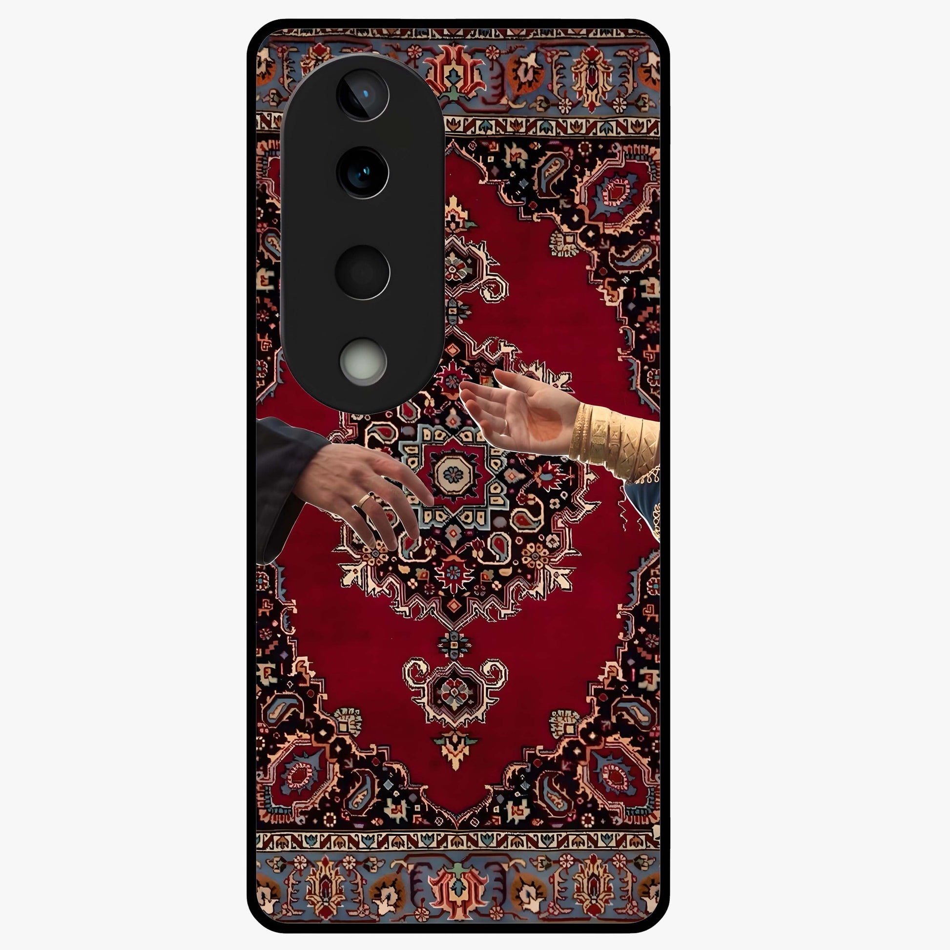 Royal Touch Reach Glass Case showing flat back view with elegant royal themed artwork and glossy glass finish.