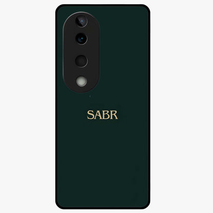 Sabr Minimal Patience Glass Case showing flat back view with minimalist typography artwork and glossy glass finish.