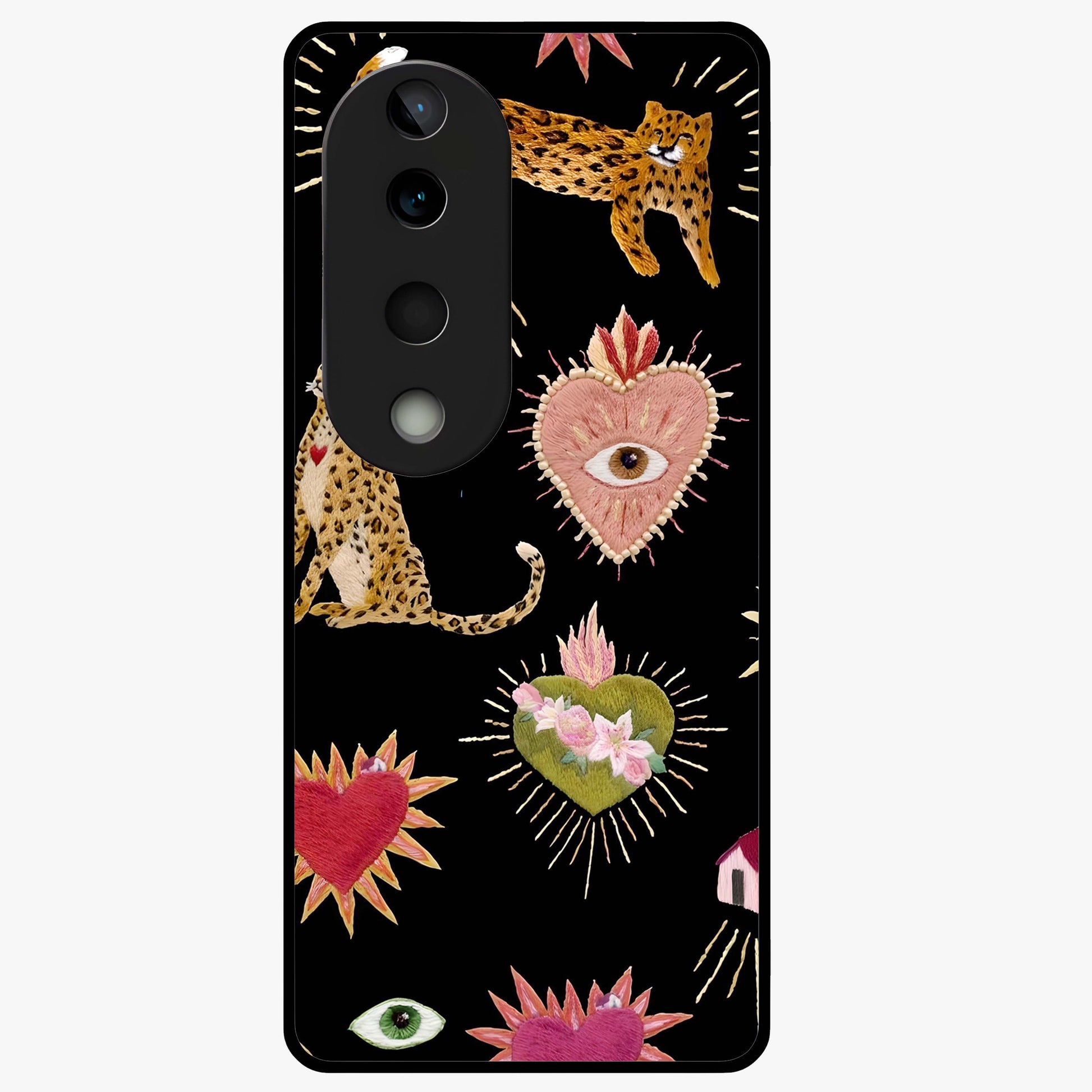 Sacred Jungle Heart Glass Case showing flat back view with jungle inspired heart artwork and glossy glass finish.