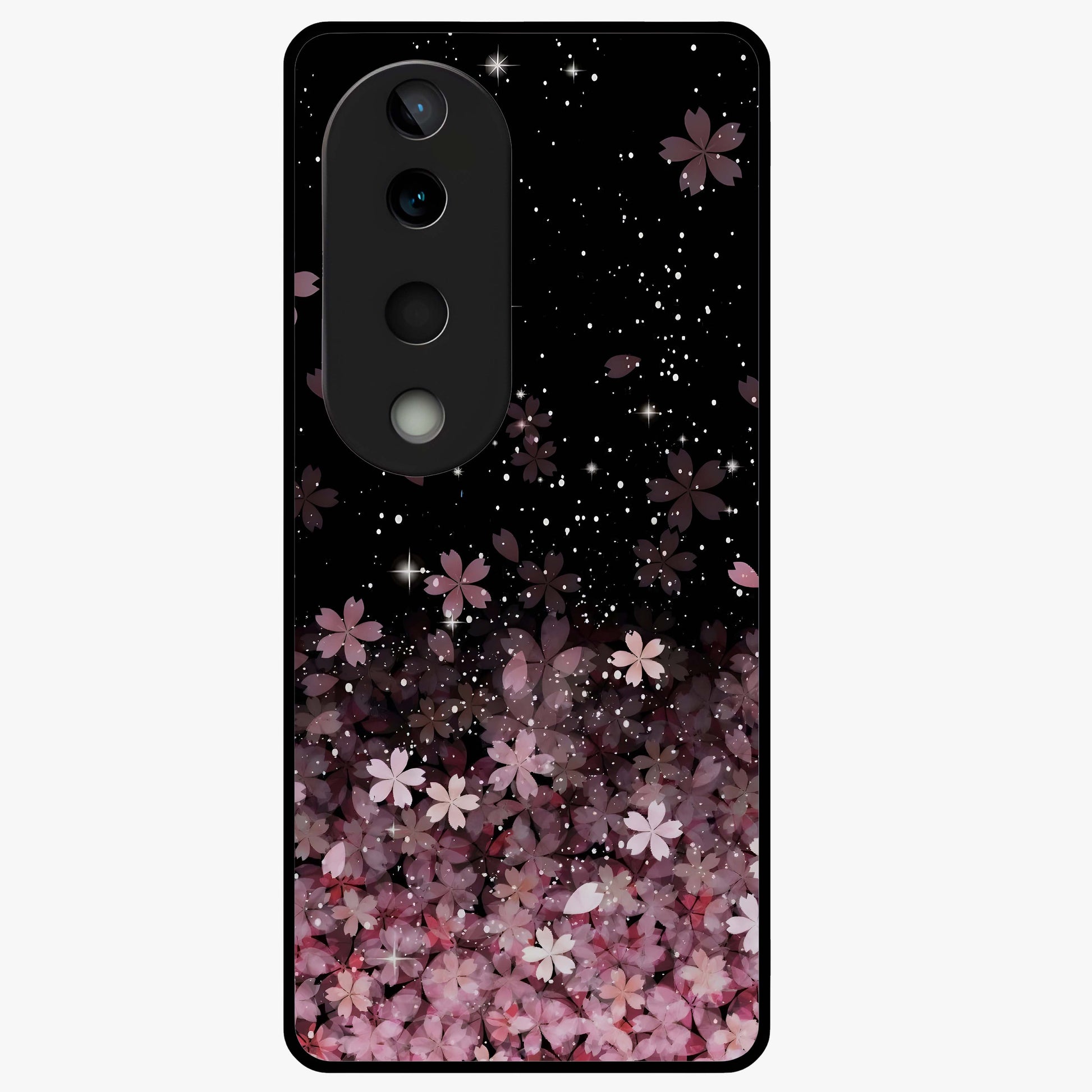 Small Starry Flowers Glass Case showing flat back view with delicate starry floral artwork and glossy glass finish.