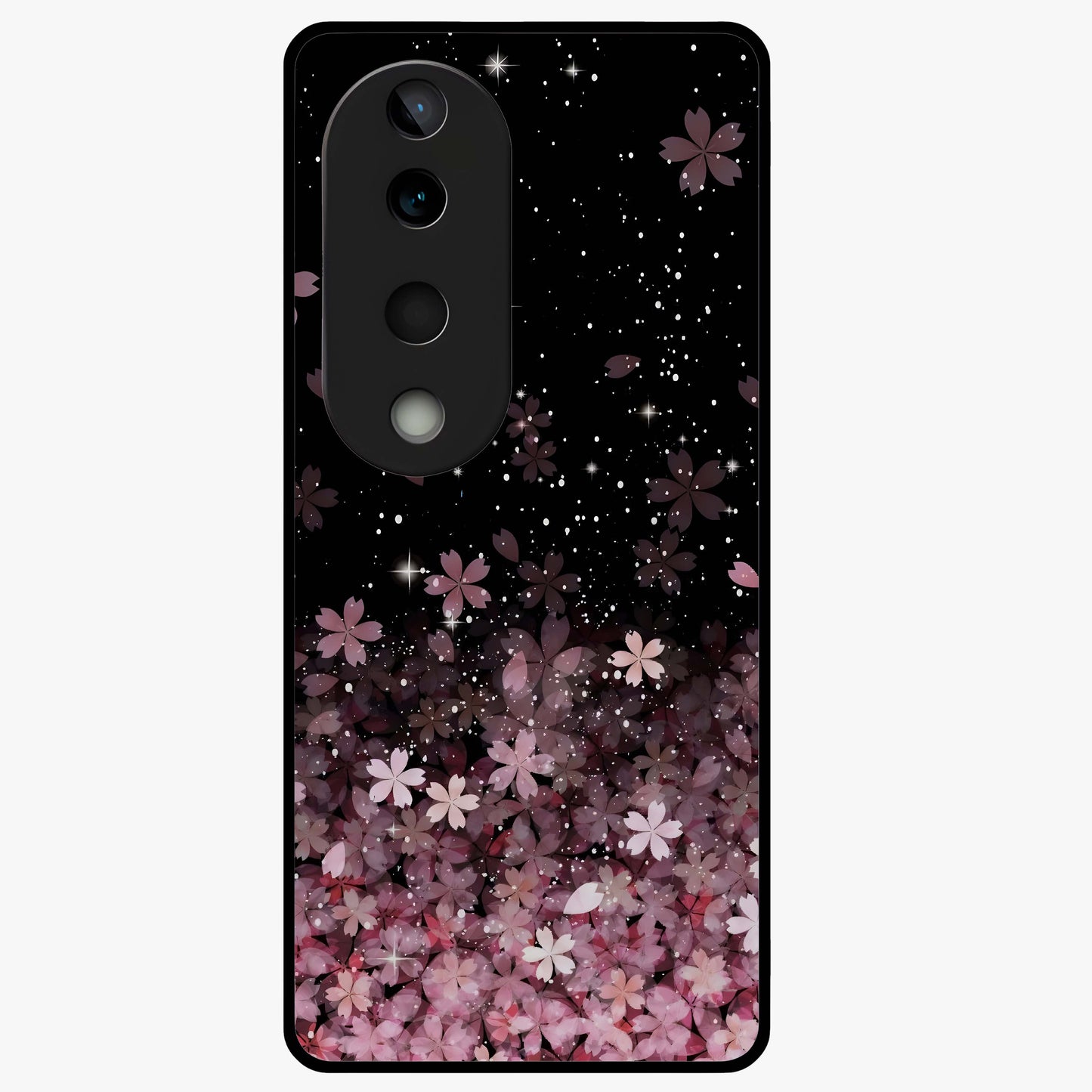Small Starry Flowers Glass Case showing flat back view with delicate starry floral artwork and glossy glass finish.