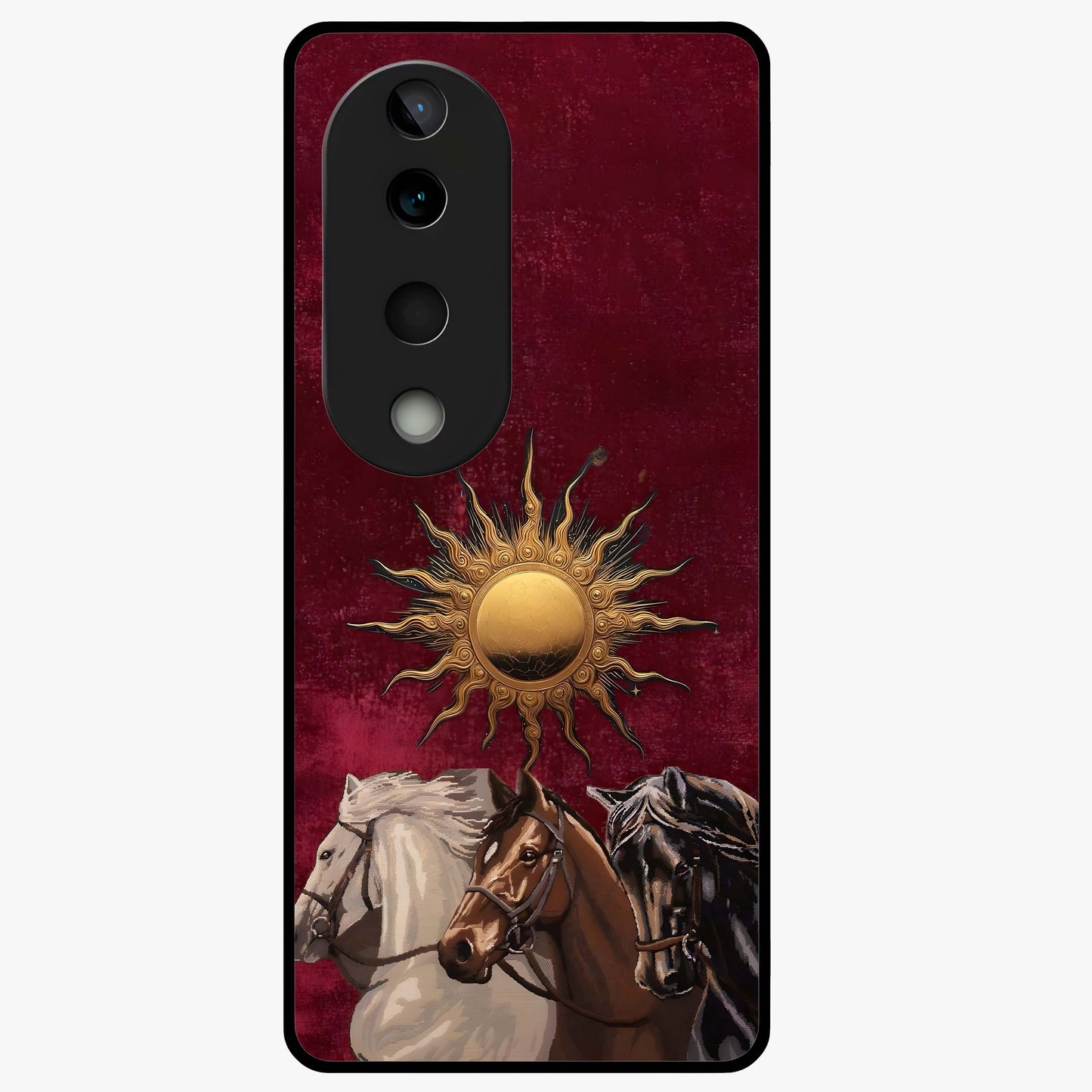 Solar Riders Glass Case showing flat back view with dynamic rider themed artwork and glossy glass finish.