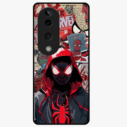 Spider Collage Street Glass Case showing flat back view with vibrant superhero collage artwork and glossy glass finish.