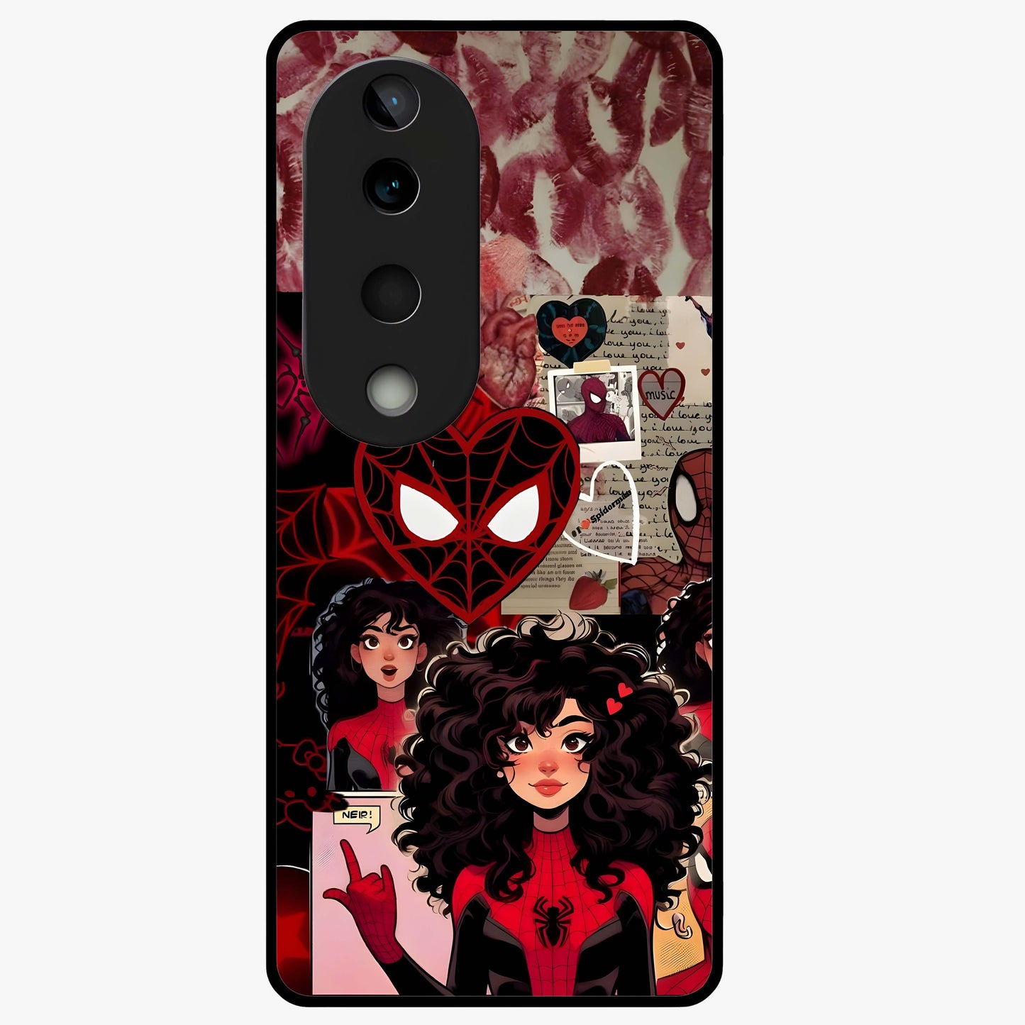 Spider Love Story Glass Case showing flat back view with romantic superhero themed artwork and glossy glass finish.