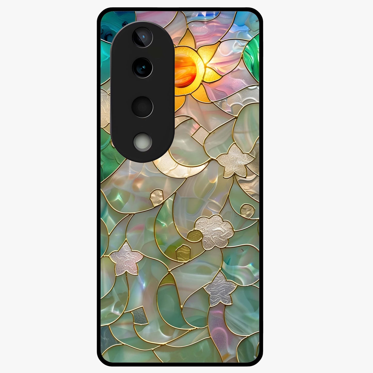 Stained Sunrise Glow Glass Case showing flat back view with glowing sunrise stained pattern artwork and glossy glass finish.