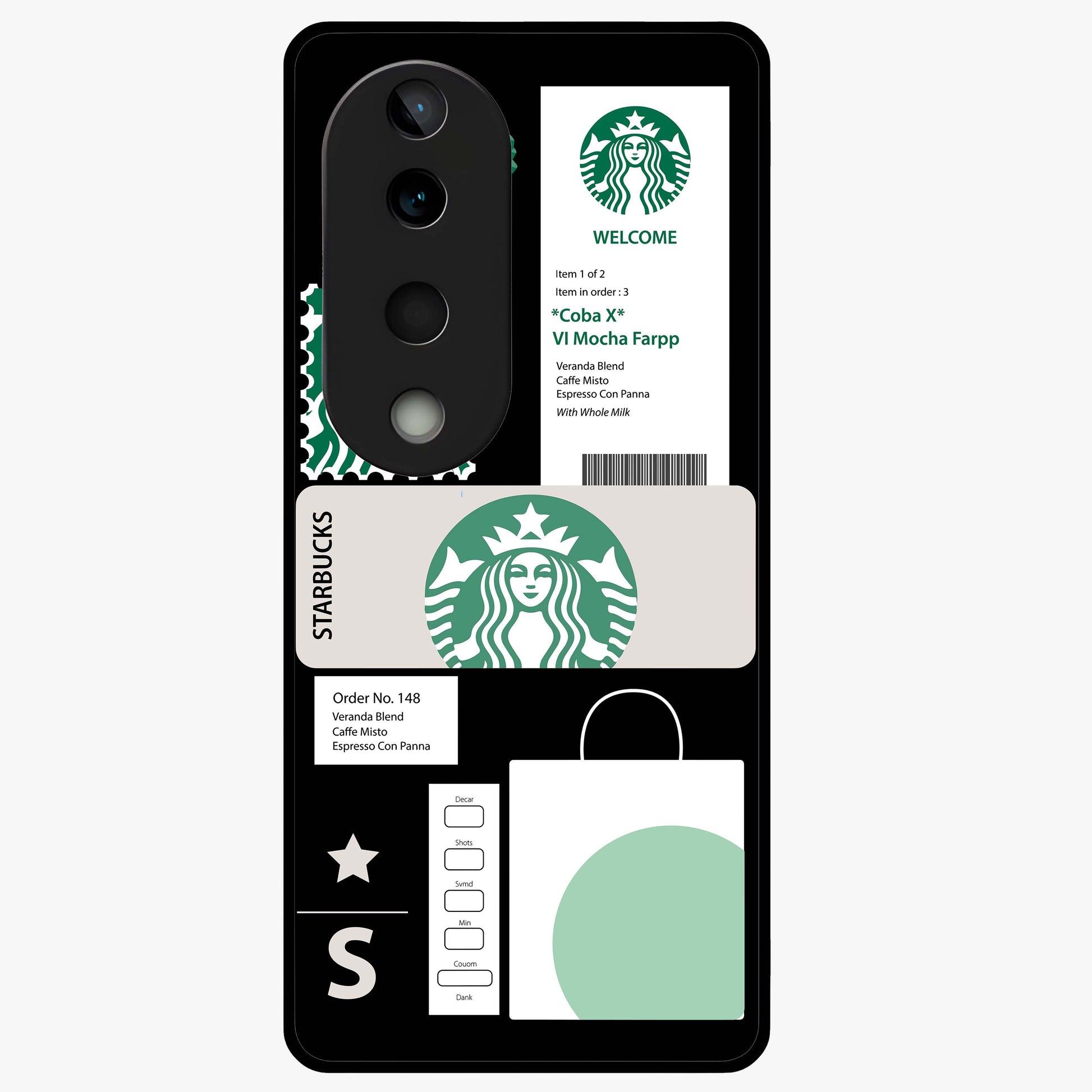 Starbucks Mocha Glass Case showing flat back view with coffee inspired artwork and glossy glass finish.