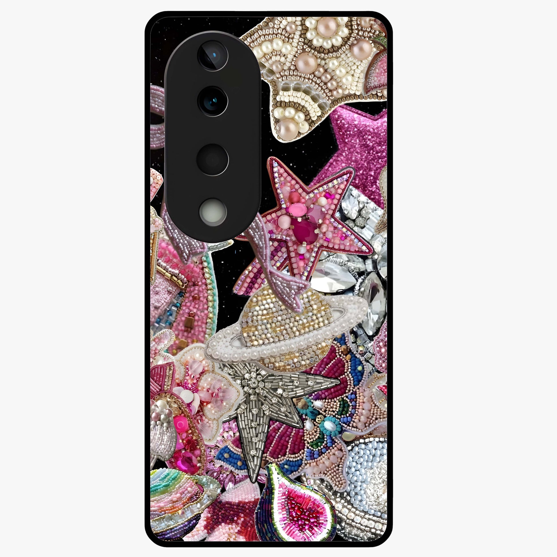 Starlit Jewel Dream Glass Case showing flat back view with sparkling jewel and star themed artwork and glossy glass finish.