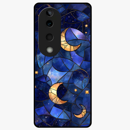 Starlit Sky Tapestry Glass Case showing flat back view with decorative starry sky tapestry artwork and glossy glass finish.