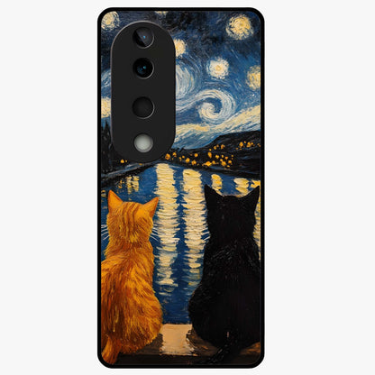 Starry River Cats Glass Case showing flat back view with cats by a starry river artwork and glossy glass finish.