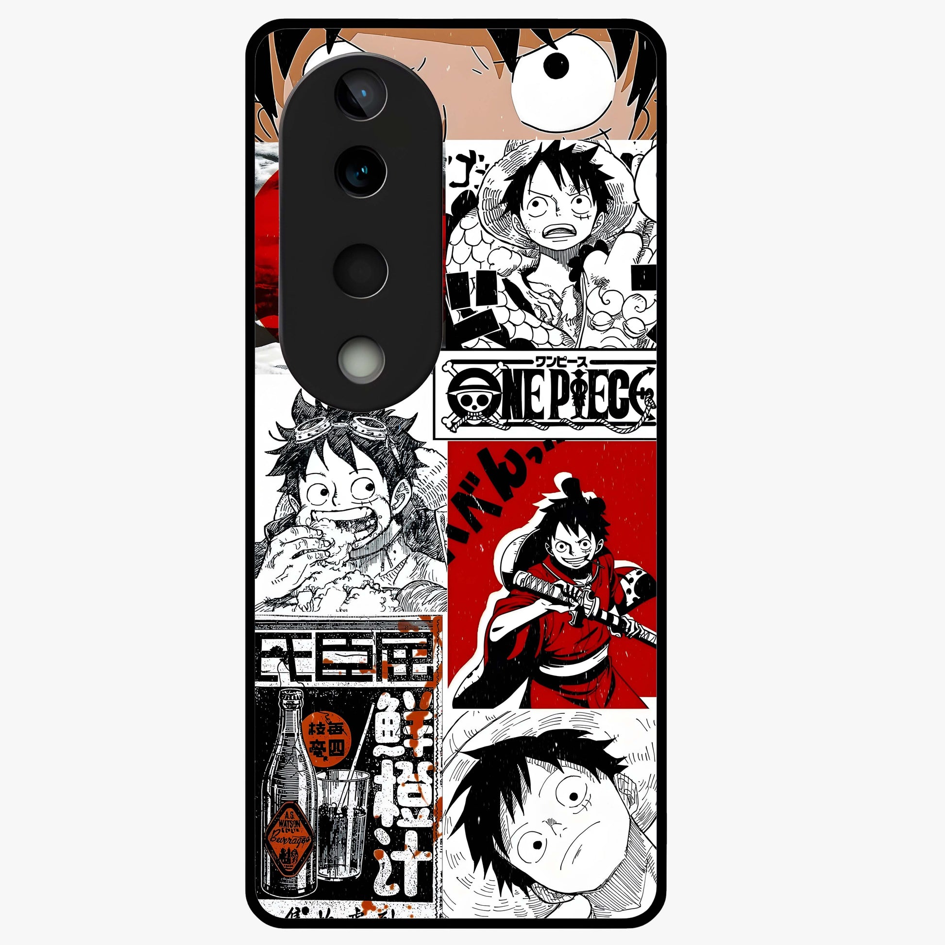 Strawhat Chaos Panels Glass Case showing flat back view with anime inspired chaos panel artwork and glossy glass finish.