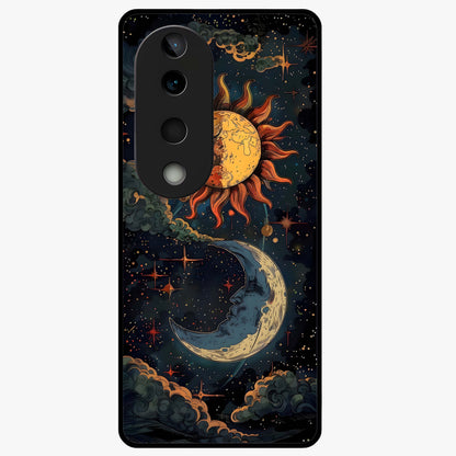 Sun And Moon Magic Design Glass Case showing flat back view with mystical sun and moon artwork and glossy glass finish.