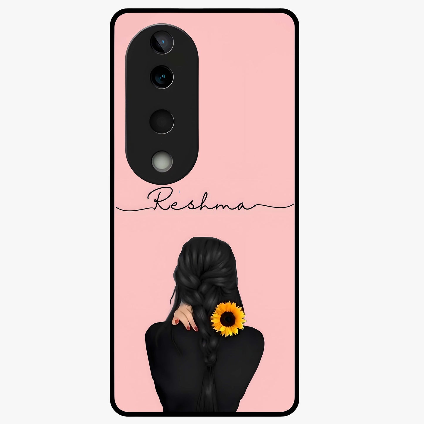 Sunflower Braid Beauty With Custom Name Glass Case showing flat back view with sunflower braid artwork and personalized name design.