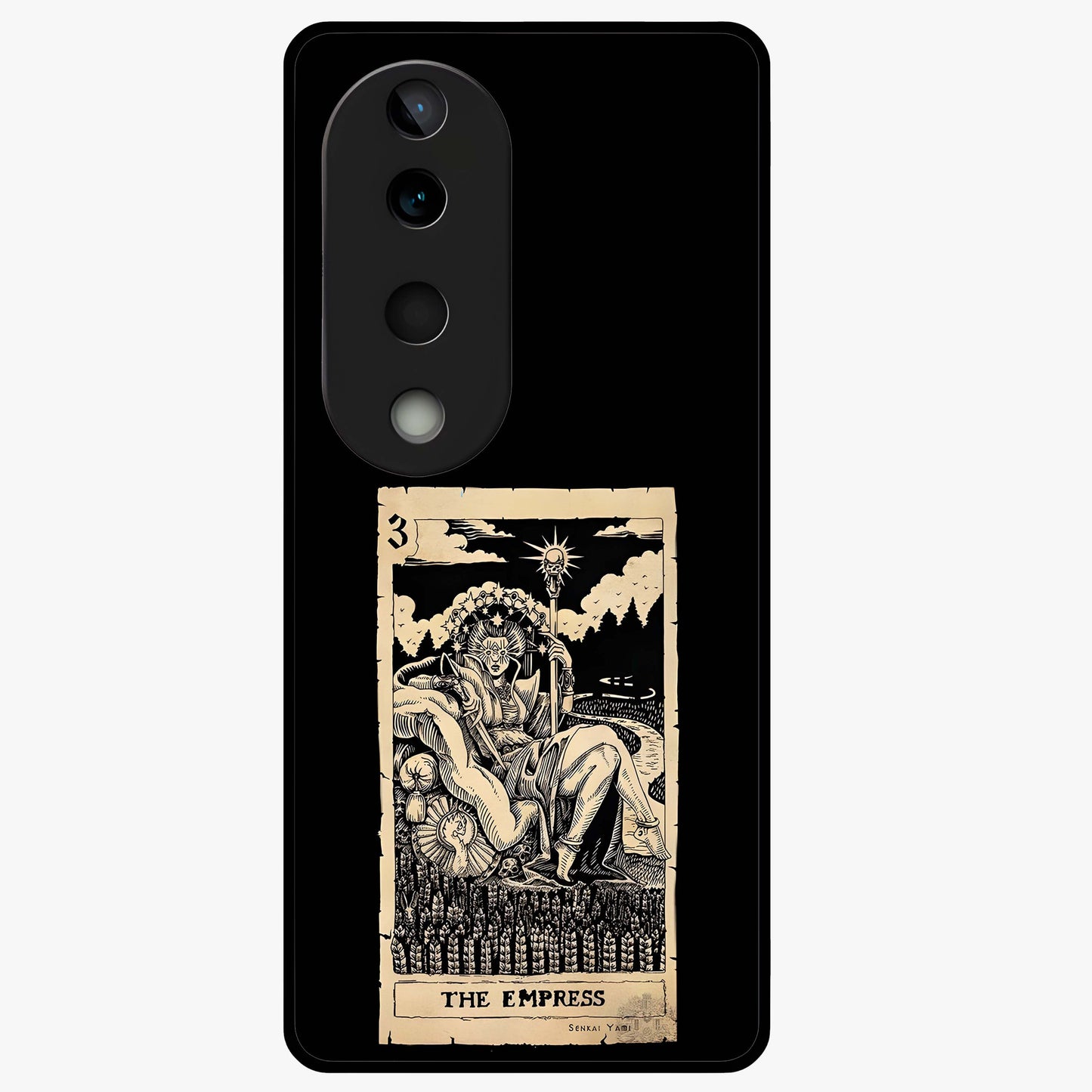 The Empress Glass Case showing flat back view with regal feminine artwork and glossy glass finish.