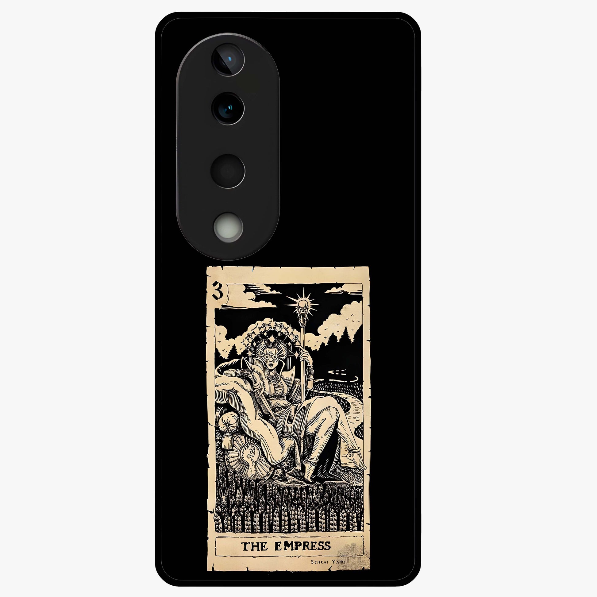 The Empress Glass Case showing flat back view with regal feminine artwork and glossy glass finish.