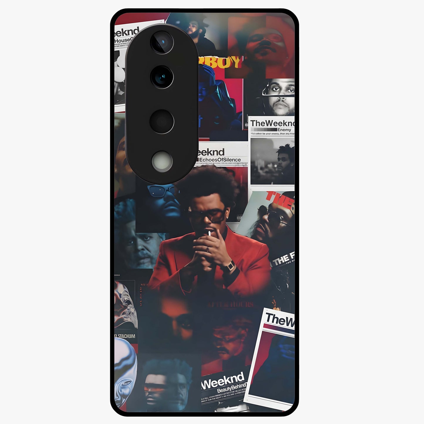 The Weeknd Glass Case showing flat back view with music inspired artistic portrait artwork and glossy glass finish.