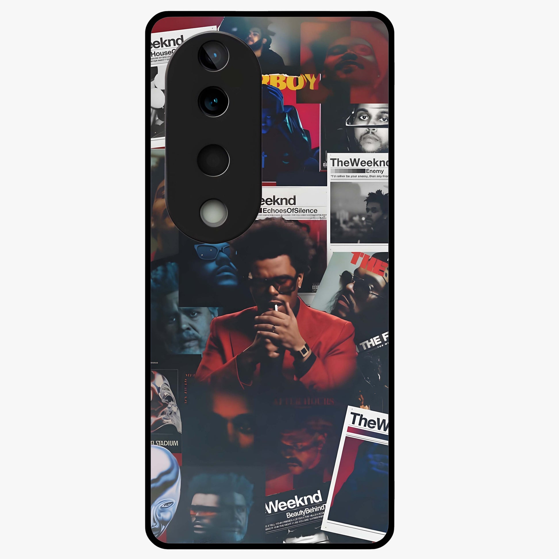 The Weeknd Glass Case showing flat back view with music inspired artistic portrait artwork and glossy glass finish.