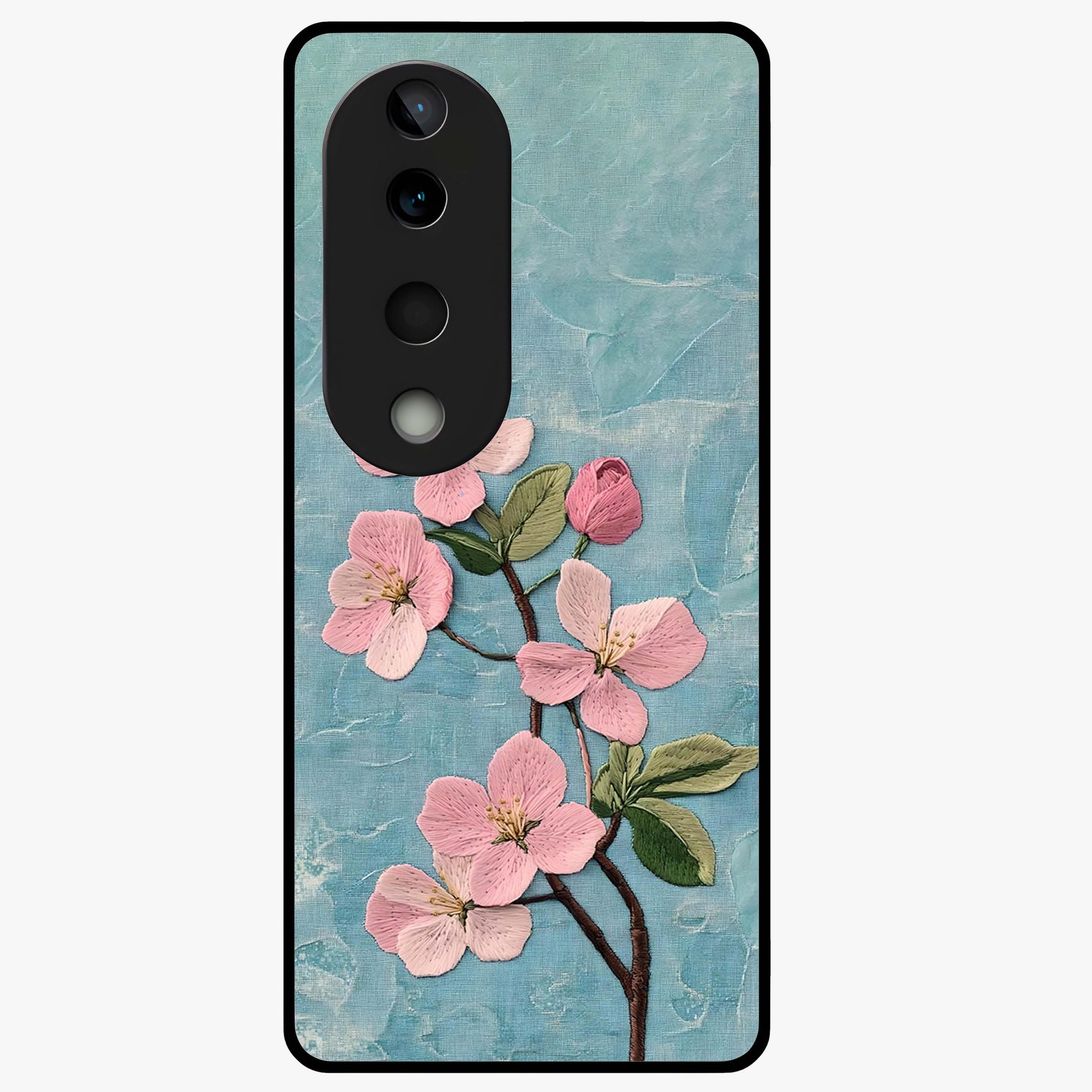 Threaded Blossom Breeze Glass Case showing flat back view with delicate blossom artwork and glossy glass finish.
