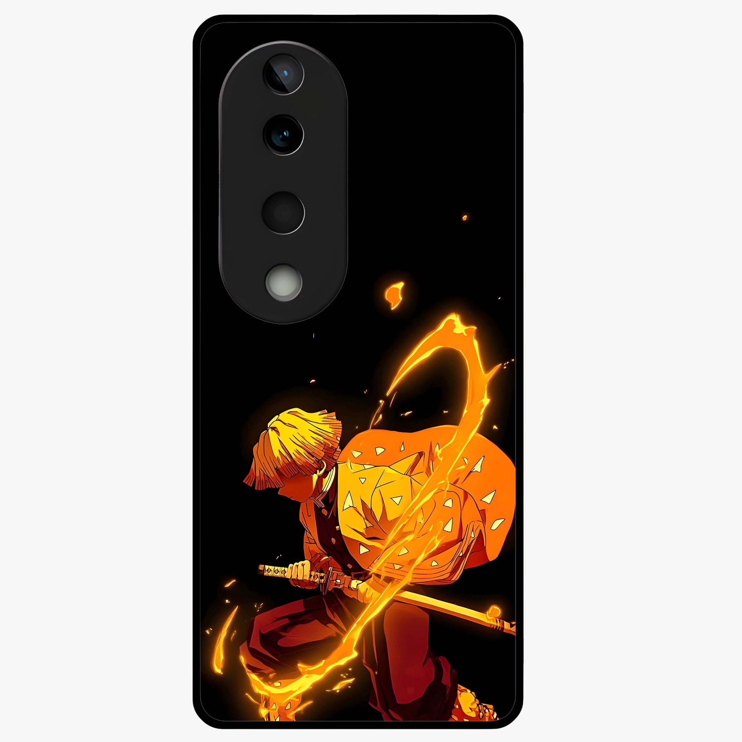 Thunder Flame Execution Glass Case showing flat back view with powerful flame and lightning artwork and glossy glass finish.