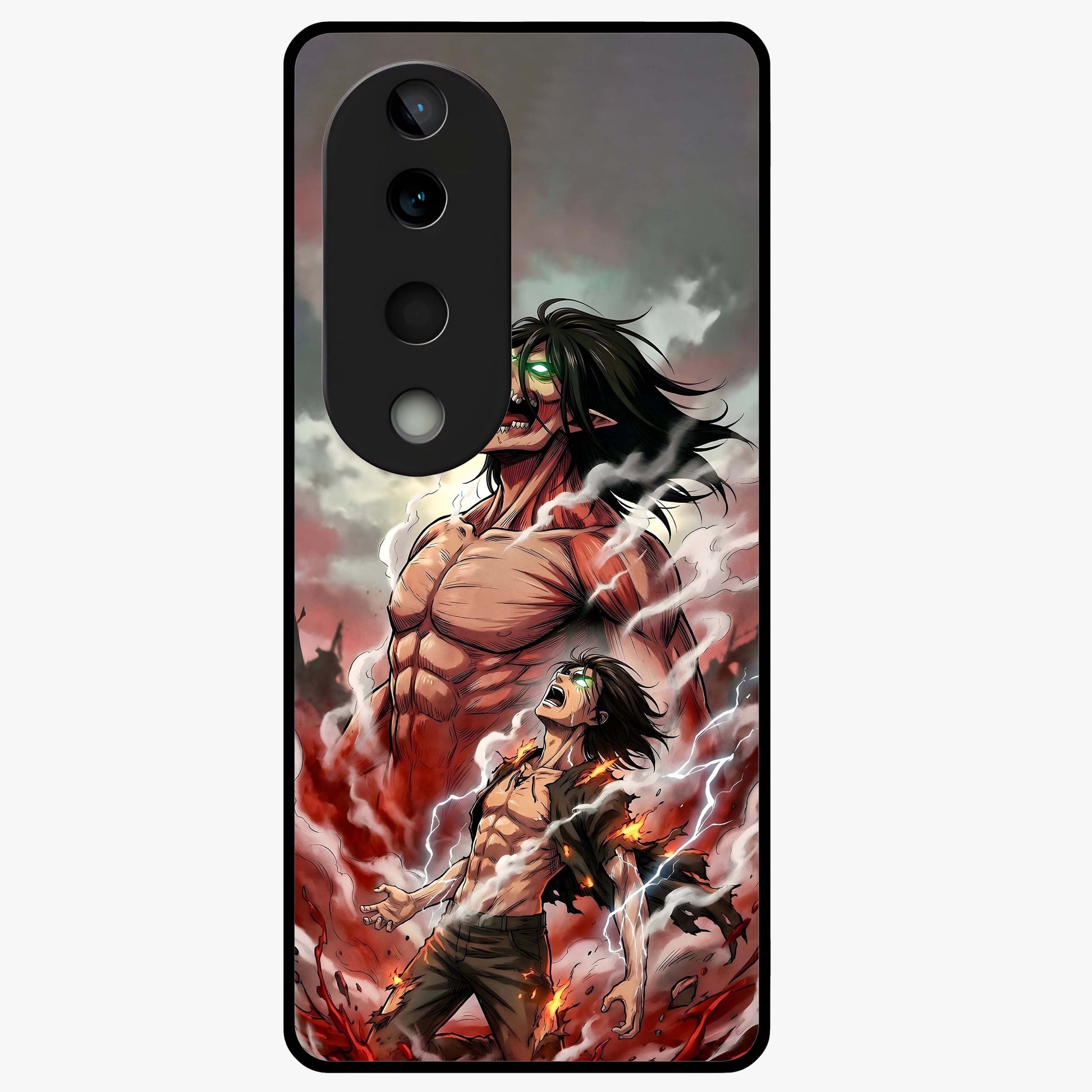 Titan Awakening Fury Glass Case showing flat back view with powerful titan inspired artwork and glossy glass finish.